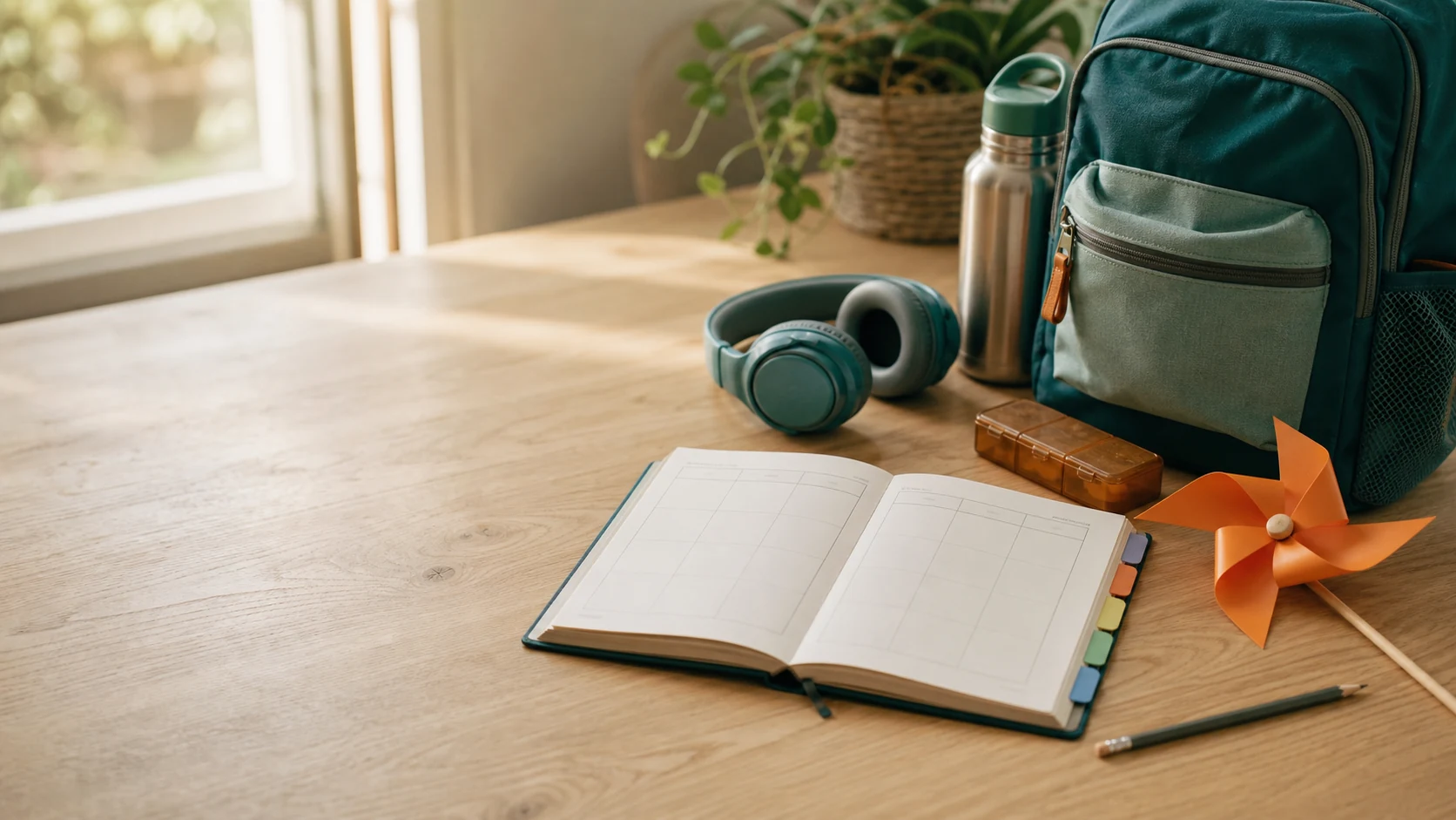 Care planning notebook, child backpack, headphones, water bottle, and orange pinwheel on a sunlit family table